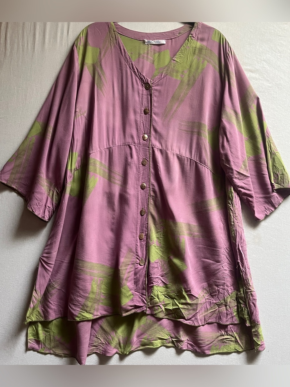 Blue Sky Abstract Brushstroke Button-Front Tunic Top Size L